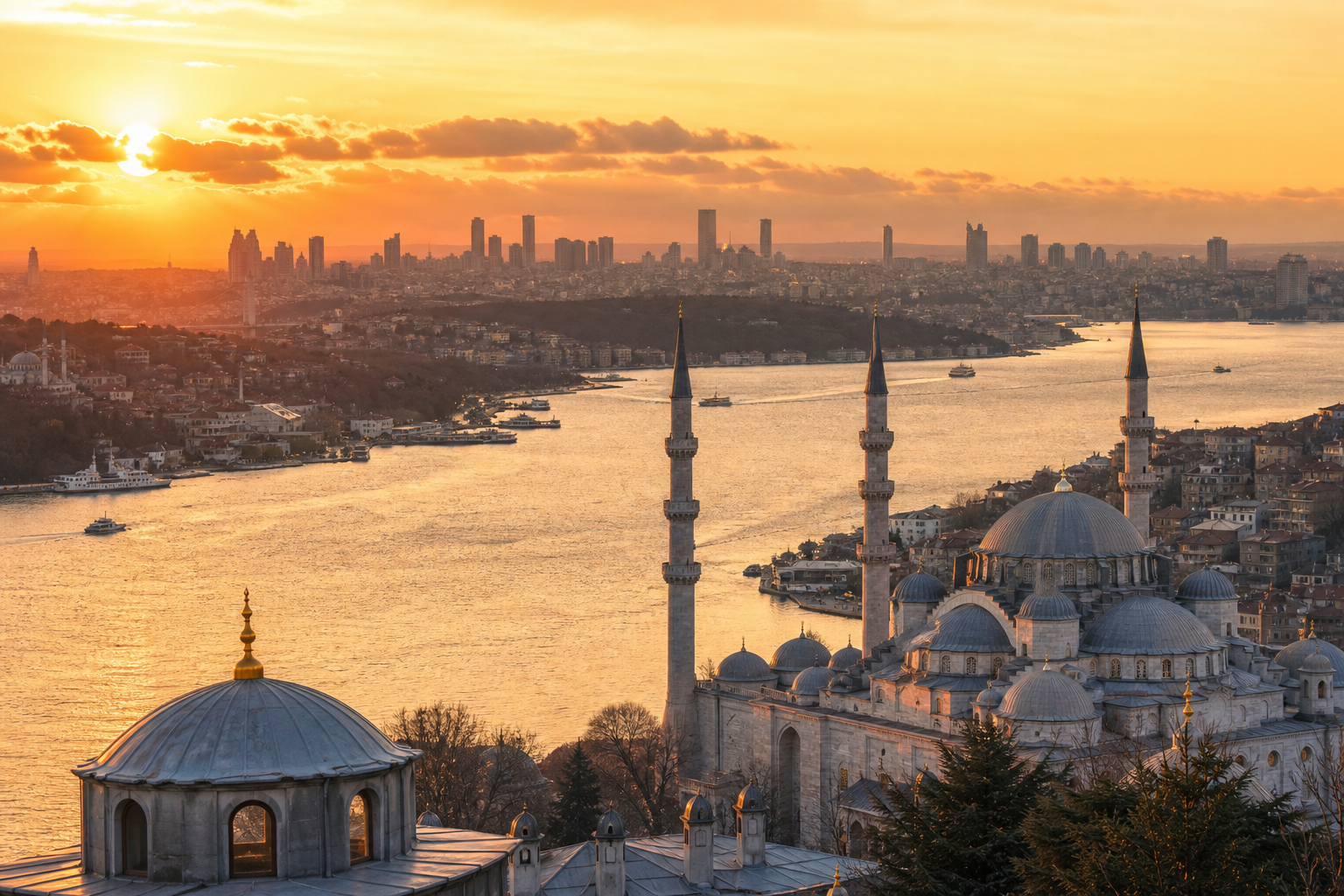 Süleymaniye Mosque and the Galata Bridge at sunset, Istanbul